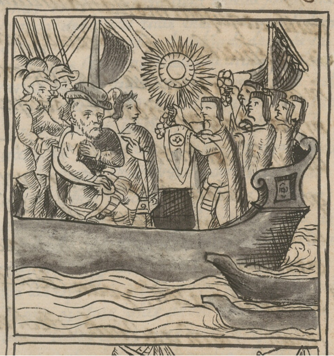 Emisarios de Moteuczoma presentan obsequios (trajes de deidad) a Hernando Cortés en su barco.png