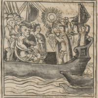 Emisarios de Moteuczoma presentan obsequios (trajes de deidad) a Hernando Cortés en su barco.png