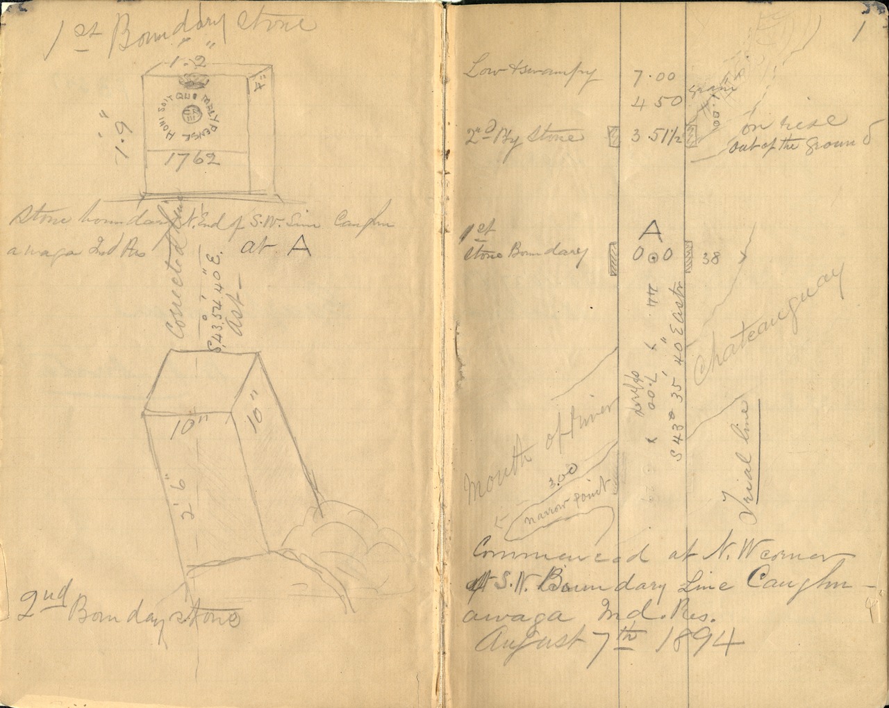 W.A. Austin's Field notes with sketch of 1762 marker by W.A. Austin Sept. 1894,