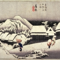 Andō Hiroshige, Nuit de neige à Kambara (Kambara yoru no yuki), vue no. 16 de la série, Les cinquante-trois stations du Tōkaidō (Tokaido gosantsugi no uchi), 1832-1833, gravure sur bois en couleur, 22.8 x 34.6 cm (image)