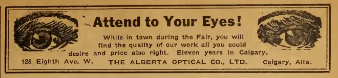 An advertisement for the Alberta Optical Co. Ltd., 1923. The advertisment is decorated with pictures of eyes.