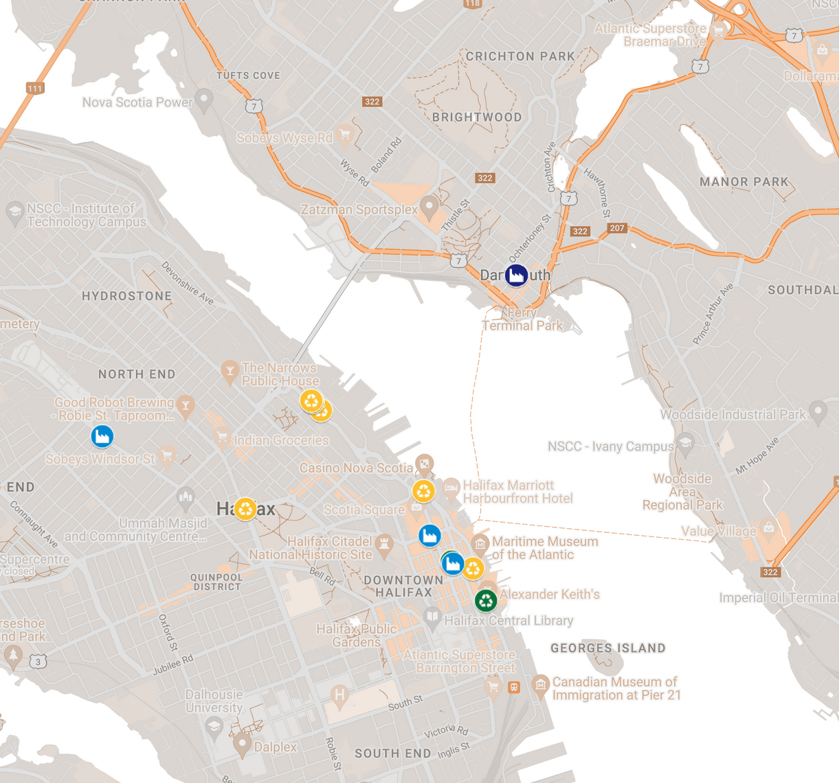 A screenshot of the database map, showing pins indicating makers in Halifax, Nova Scotia