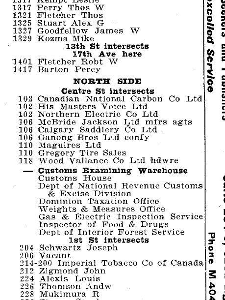 A screenshot of a page of the Calgary City Directory from 1930, showing the occupants of 102 11th Avenue SW, Calgary.