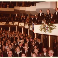 Photo of President of the United States Ronald Reagan and Prime Minister Pierre Elliot Trudeau in State Box.