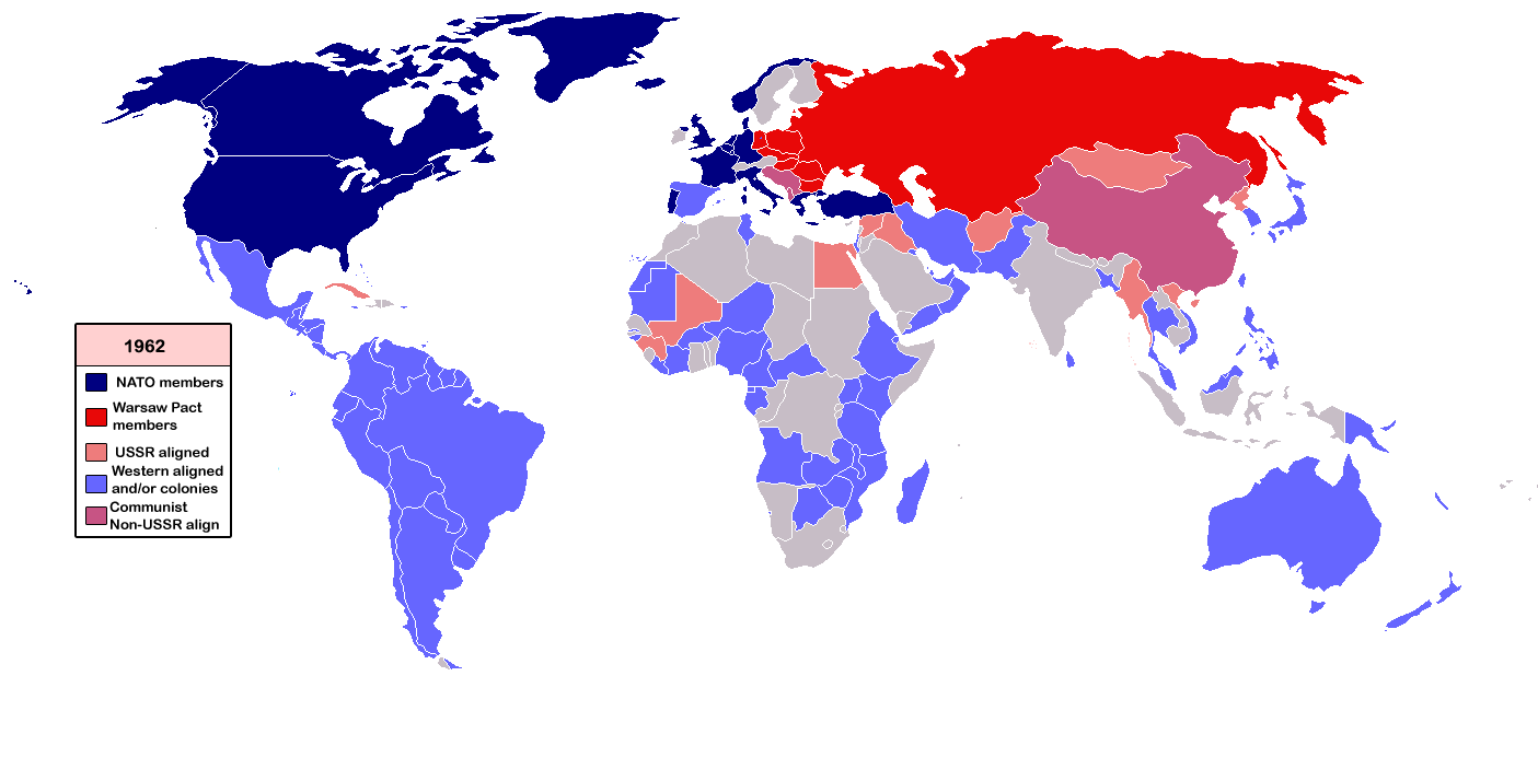 Coloured image of a map with certain countries blue and red, Cold War WorldMap 1962.png by Mosedschurte is licensed under CC-Attribution-ShareAlike 3.0.