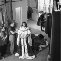 Photograph of Alec Guinness backstage in King Richard III costume